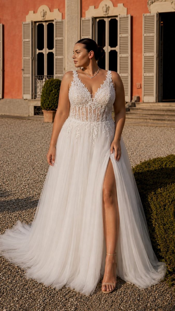 Vestido Tul Largo Corsé Abertura Novia Curvy - Imagen 4