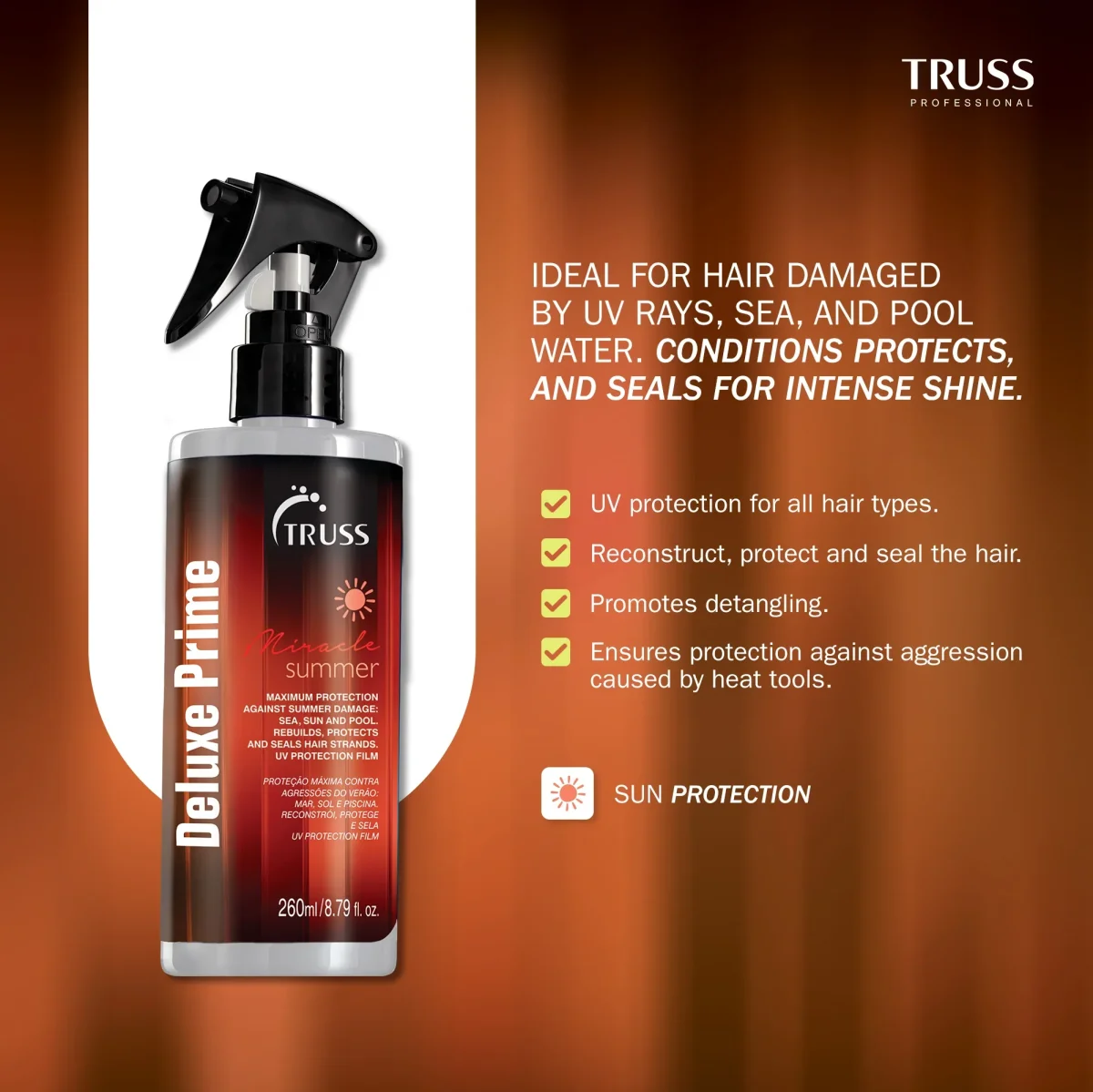 TRUSS Deluxe Prime Miracle Summer – 260 ml Reconstructor capilar con protección UV para sol, mar y piscina - Imagen 3