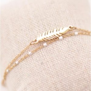 Pulsera mujer doble acero dorado hoja y esmalte blanco