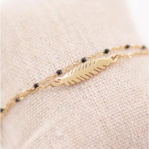 Pulsera mujer doble acero dorado hoja y esmalte negro
