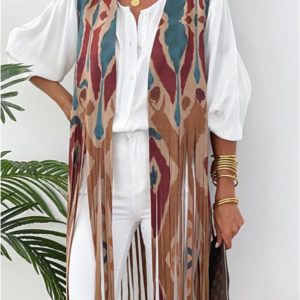 Chaleco mujer antelina estampado con flecos