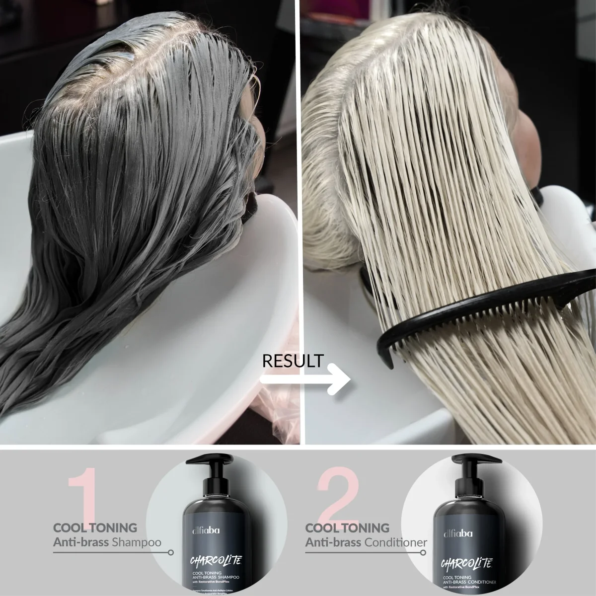 DIFIABA Charcolite Cool Toning Anti-Brass Shampoo with Restorative BondPlex – 600 ml Shampoo matizador antiamarillos y anticobrizos para rubios con tecnología reparadora BondPlex - Imagen 4