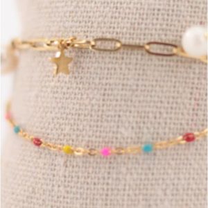 TOBILLERA DOBLE MUJER ACERO DORADO ESTRELLAS Y PERLAS