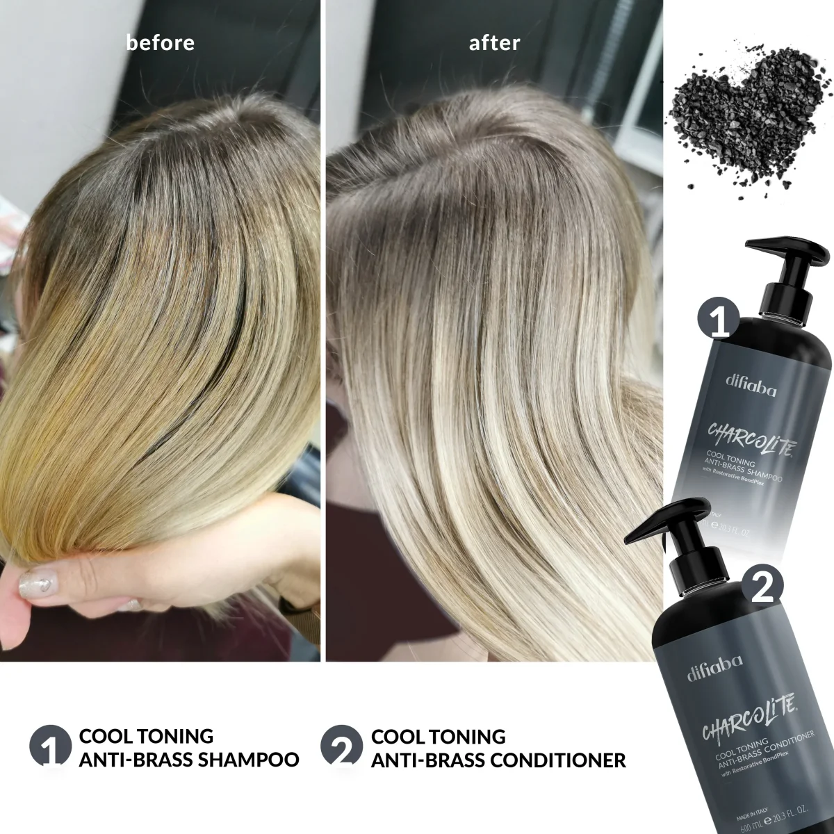 DIFIABA Charcolite Cool Toning Anti-Brass Shampoo with Restorative BondPlex – 600 ml Shampoo matizador antiamarillos y anticobrizos para rubios con tecnología reparadora BondPlex - Imagen 7