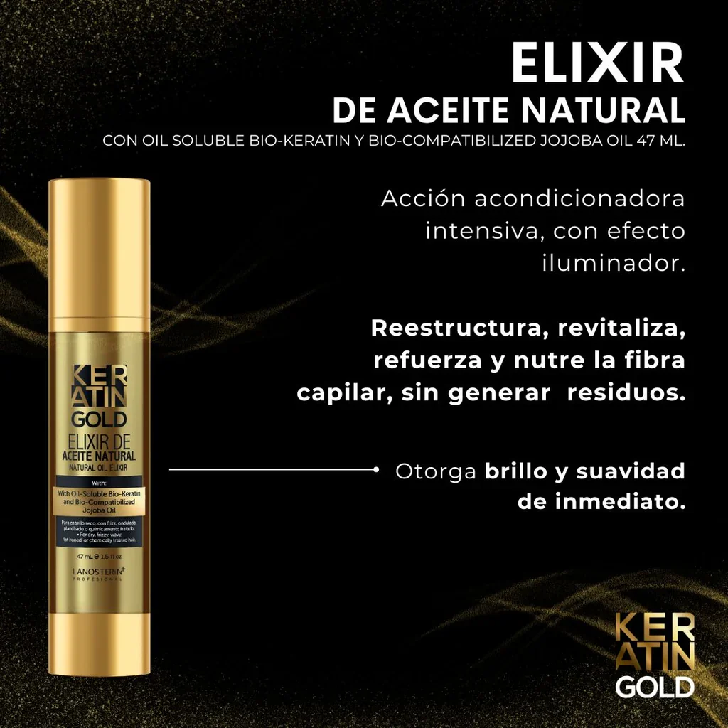 KERATIN GOLD ELIXIR DE ACEITE NATURAL WITH OIL-SOLUBLE BIO-KERATIN AND BIO-COMPATIBILIZED JOJOBA OIL 47ml - Imagen 3