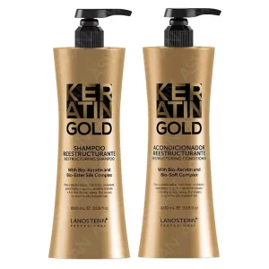 Keratin Gold Shampoo & Acondicionador Reestructurante 1000 ml (1 Litro) With Bio-Keratin & Bio-Ester Silk Complex