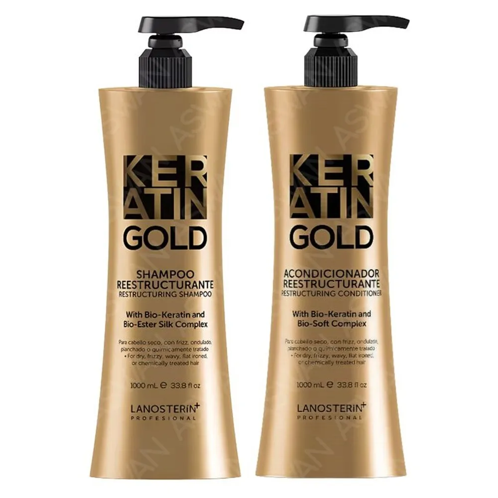 Keratin Gold Shampoo & Acondicionador Reestructurante 1000 ml (1 Litro) With Bio-Keratin & Bio-Ester Silk Complex - Imagen 2