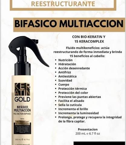 KERATIN GOLD BIFASICO MULTIACCION WITH BIO-KERATIN AND 15-KERA COMPLEX 200ml - Imagen 3