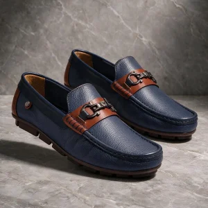 Mocasines Casuales Cuero Azul Detalle Café