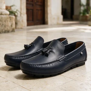 Mocasines Azules Cuero Moño Hombre
