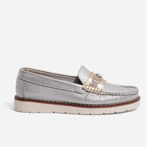 Mocasines Cuero Plateado y Champaña