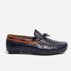 Mocasines Cuero Azul Café Cordón