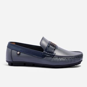 Mocasines en Cuero Gris y Azul Rayo