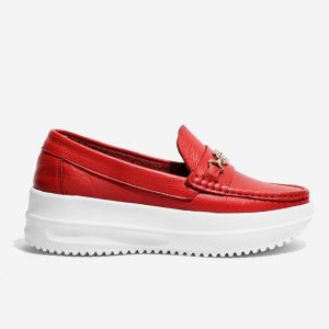 Mocasines Mujer Deportivos Rojos Cuero
