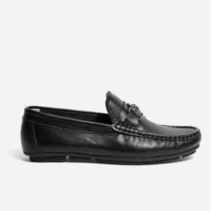 Mocasines Elegantes Cuero Negro Herraje