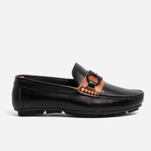 Mocasines Negros en Cuero Antifaz Miel