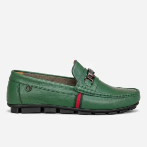 Mocasines Elegantes Cuero Verde Herraje