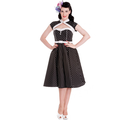 Melanie – Vestido vintage negro con lunares blancos