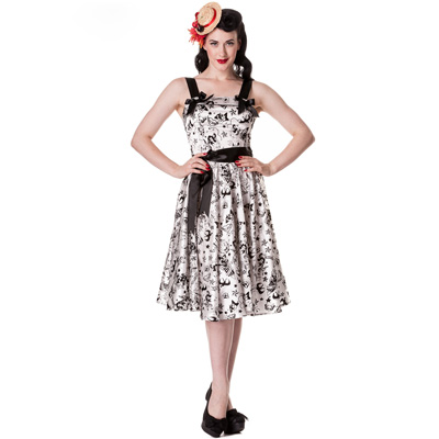 Tattoo Flock – Vestido rockabilly blanco con adornos negros - Imagen 6