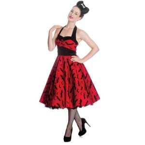 Bat – Vestido rojo con murciélagos negros estilo rockabilly