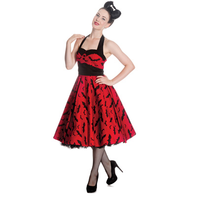 Bat – Vestido rojo con murciélagos negros estilo rockabilly