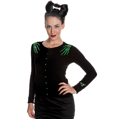 Doomed – Cardigan negro con bordados verdes de esqueleto - Imagen 2