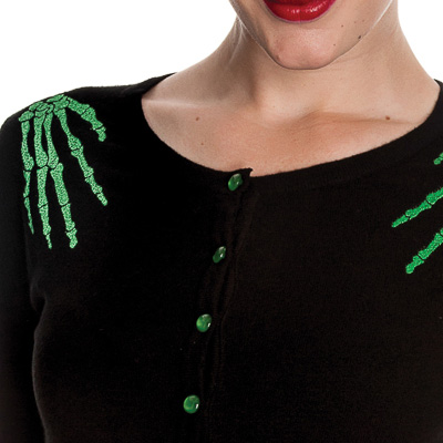 Doomed – Cardigan negro con bordados verdes de esqueleto - Imagen 3