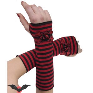 Red Catbone – Guantes emo punk sin dedos a rayas rojas y negras con gato
