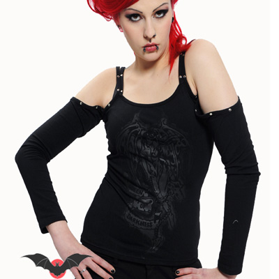 Demonic – Camiseta gótica con diablesa impresa y manguitos